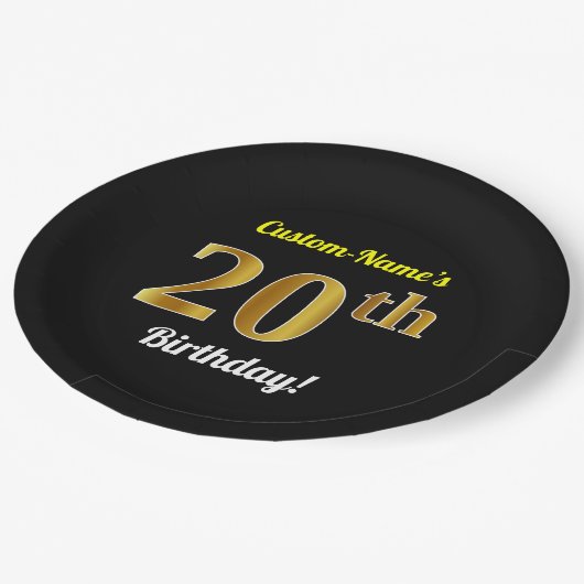 Zwart, Faux Gold 20th Birthday + Aangepaste naam Papieren Bordje (Gekanteld)
