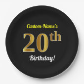 Zwart, Faux Gold 20th Birthday + Aangepaste naam Papieren Bordje (Voorkant)