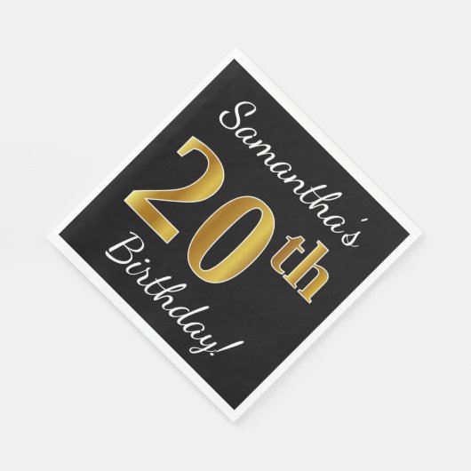 Zwart, Faux Gold 20th Birthday + Aangepaste naam Servetten (Hoek)