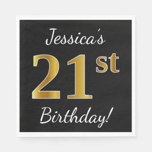 Zwart, Faux Gold 21st verjaardag + Aangepaste naam Servet