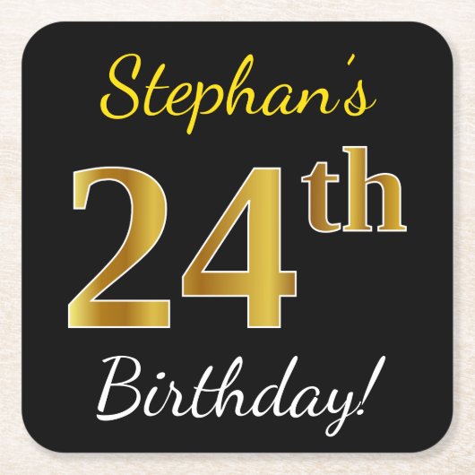 Zwart, Faux Gold 24th Birthday + Aangepaste naam Kartonnen Onderzetters (Voorkant)