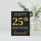 Zwart, Faux Gold 25th Birthday + Eigen naam Briefkaart (Staand voorkant)