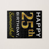 Zwart, Faux Gold 25th Birthday + Eigen naam Legpuzzel (Horizontaal)