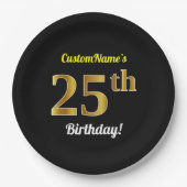 Zwart, Faux Gold 25th Birthday + Eigen naam Papieren Bordje (Voorkant)