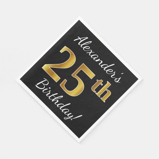 Zwart, Faux Gold 25th Birthday + Eigen naam Servetten (Hoek)