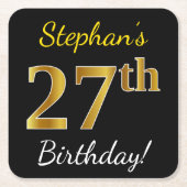 Zwart, Faux Gold 27th Birthday + Aangepaste naam Kartonnen Onderzetters (Voorkant)