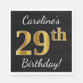 Zwart, Faux Gold 29th Birthday + Aangepaste naam Servet (Voorkant)