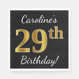 Zwart, Faux Gold 29th Birthday + Aangepaste naam Servet