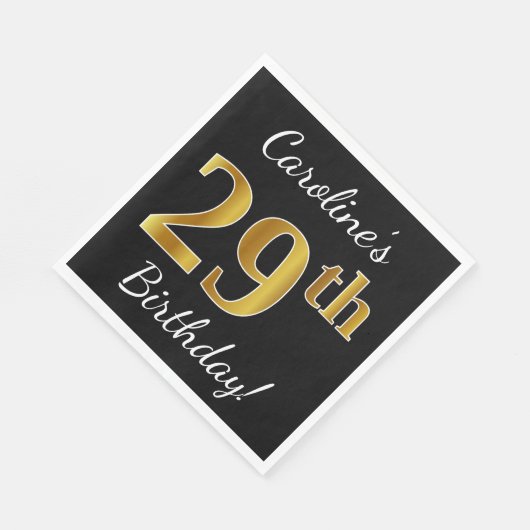 Zwart, Faux Gold 29th Birthday + Aangepaste naam Servet (Hoek)