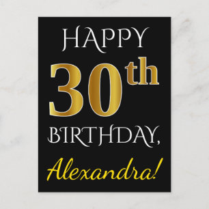 Zwart, Faux Gold 30th Birthday + Aangepaste naam Briefkaart