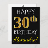 Zwart, Faux Gold 30th Birthday + Aangepaste naam Briefkaart (Voorkant / Achterkant)