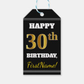 Zwart, Faux Gold 30th Birthday + Aangepaste naam Cadeaulabel (Voorkant)