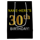 Zwart, Faux Gold 30th Birthday + Aangepaste naam Medium Cadeauzakje (Achterkant)
