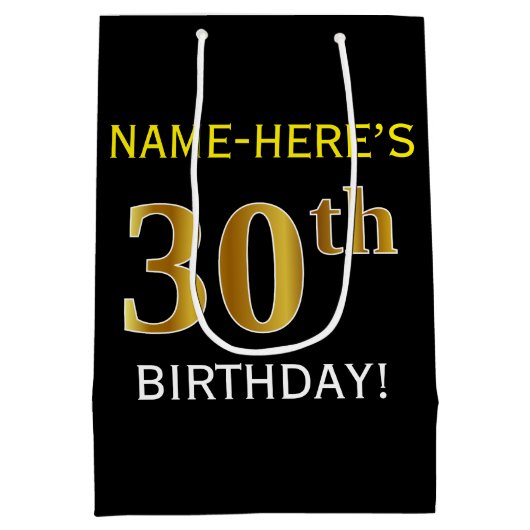 Zwart, Faux Gold 30th Birthday + Aangepaste naam Medium Cadeauzakje (Achterkant)