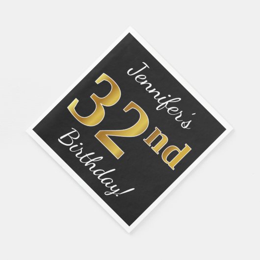Zwart, Faux Gold 32e verjaardag + Eigen naam Servet (Hoek)