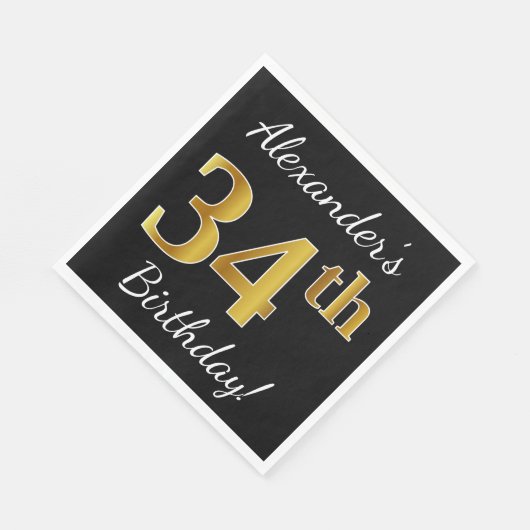 Zwart, Faux Gold 34th Birthday + Eigen naam Servet (Hoek)