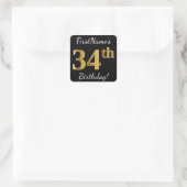 Zwart, Faux Gold 34th Birthday + Eigen naam Vierkante Sticker (Tas)