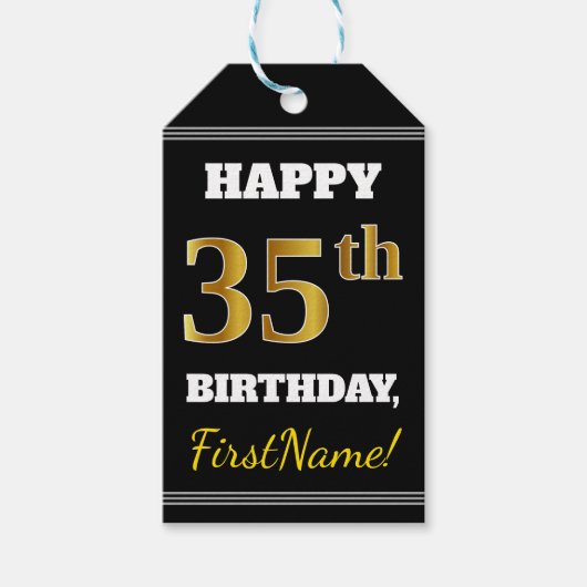 Zwart, Faux Gold 35th Birthday + Eigen naam Cadeaulabel (Voorkant)