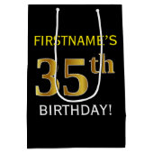 Zwart, Faux Gold 35th Birthday + Eigen naam Medium Cadeauzakje (Achterkant)