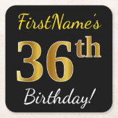 Zwart, Faux Gold 36th Birthday + Aangepaste naam Kartonnen Onderzetters (Voorkant)
