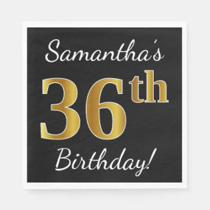 Zwart, Faux Gold 36th Birthday + Aangepaste naam Servet
