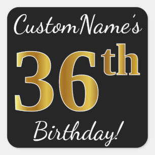 Zwart, Faux Gold 36th Birthday + Aangepaste naam Vierkante Sticker