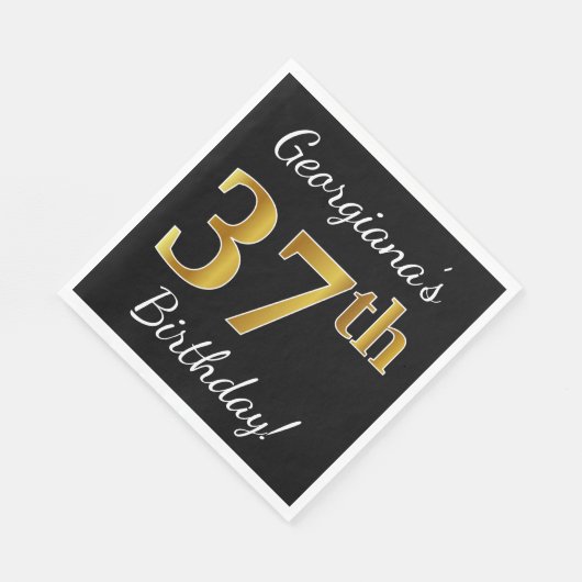 Zwart, Faux Gold 37th Birthday + Eigen naam Servet (Hoek)