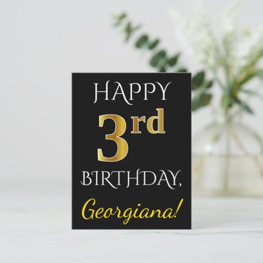 Zwart, Faux Gold 3de verjaardag + Aangepaste naam Briefkaart (Staand voorkant)