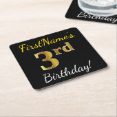 Zwart, Faux Gold 3de verjaardag + Aangepaste naam Kartonnen Onderzetters (Schuin)