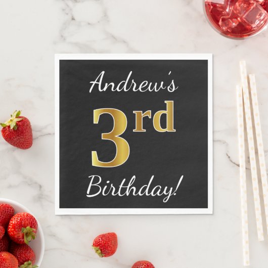 Zwart, Faux Gold 3de verjaardag + Aangepaste naam Servetten (Insitu)