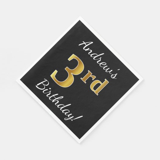 Zwart, Faux Gold 3de verjaardag + Aangepaste naam Servetten (Hoek)