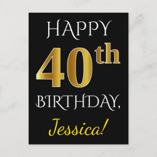 Zwart, Faux Gold 40th Birthday + Aangepaste naam Briefkaart