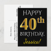 Zwart, Faux Gold 40th Birthday + Aangepaste naam Briefkaart (Voorkant / Achterkant)