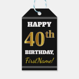 Zwart, Faux Gold 40th Birthday + Aangepaste naam Cadeaulabel