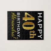 Zwart, Faux Gold 40th Birthday + Aangepaste naam Legpuzzel (Horizontaal)