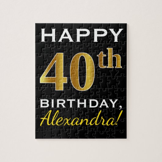 Zwart, Faux Gold 40th Birthday + Aangepaste naam Legpuzzel (Verticaal)