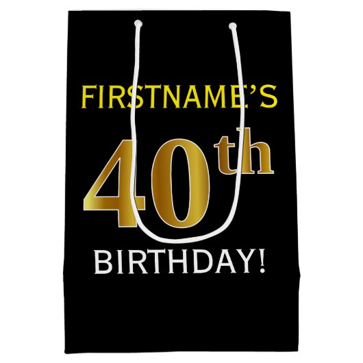 Zwart, Faux Gold 40th Birthday + Aangepaste naam Medium Cadeauzakje (Achterkant)