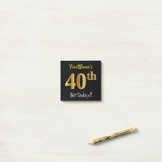 Zwart, Faux Gold 40th Birthday, met aangepaste naa Post-it® Notes (Op bureau)