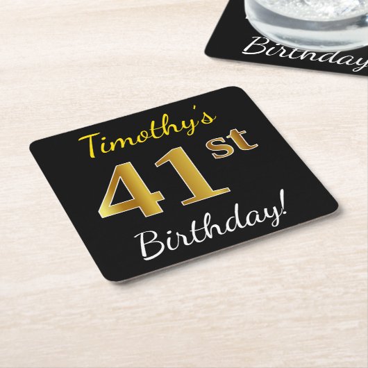 Zwart, Faux Gold 41st verjaardag + Aangepaste naam Kartonnen Onderzetters (Schuin)