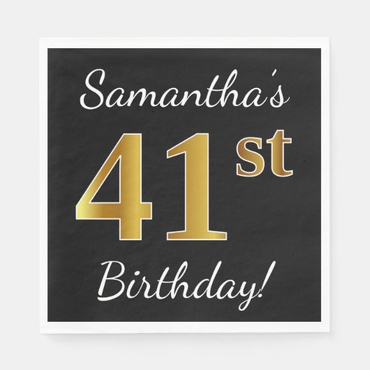 Zwart, Faux Gold 41st verjaardag + Aangepaste naam Servet (Voorkant)