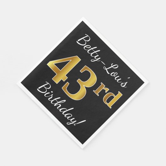 Zwart, Faux Gold 43rd Birthday + Aangepaste naam Servet (Hoek)