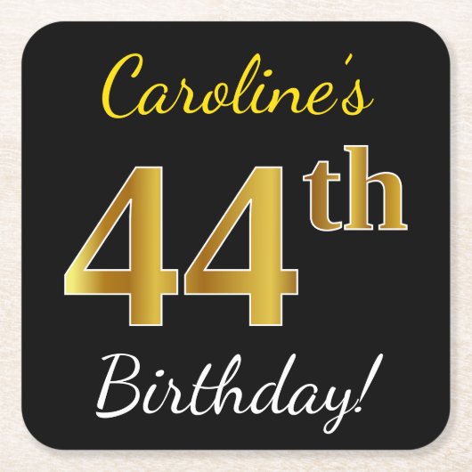 Zwart, Faux Gold 44th Birthday + Eigen naam Kartonnen Onderzetters (Voorkant)