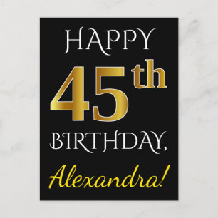 Zwart, Faux Gold 45th Birthday + Eigen naam Briefkaart