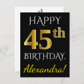 Zwart, Faux Gold 45th Birthday + Eigen naam Briefkaart (Voorkant / Achterkant)