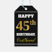 Zwart, Faux Gold 45th Birthday + Eigen naam Cadeaulabel (Voorkant)