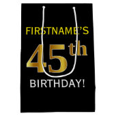 Zwart, Faux Gold 45th Birthday + Eigen naam Medium Cadeauzakje (Achterkant)
