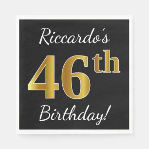 Zwart, Faux Gold 46th Birthday + Aangepaste naam Servet