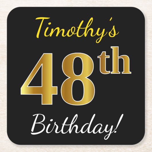 Zwart, Faux Gold 48th Birthday + Eigen naam Kartonnen Onderzetters (Voorkant)