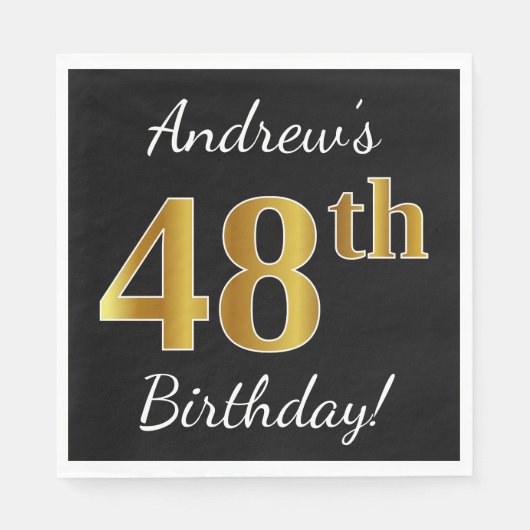 Zwart, Faux Gold 48th Birthday + Eigen naam Servet (Voorkant)