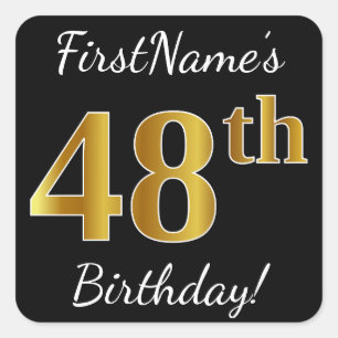 Zwart, Faux Gold 48th Birthday + Eigen naam Vierkante Sticker